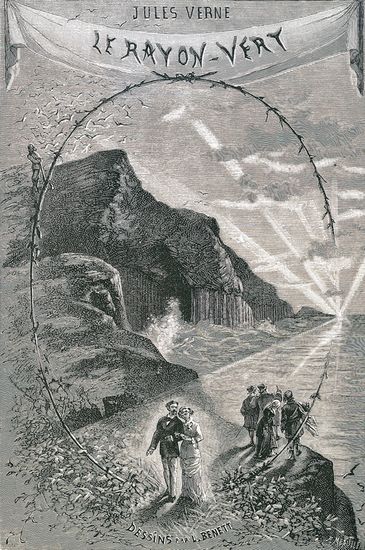 Frontispice du roman par Léon Benett | Par Léon Benett — From the book Le Rayon vert by Jules Verne in 1882Original source: http://www.j-verne.de/abenteuer2.htmlTransferred from cs.wikipedia; transferred to Commons by User:Sevela.p using CommonsHelper., Domaine public, https://commons.wikimedia.org/w/index.php?curid=8905997