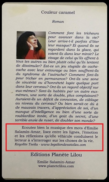 Couleur caramel, quatrième de couverture © 2012 Editions Planète Lilou Couleur caramel, quatrième de couverture © 2012 Editions Planète Lilou