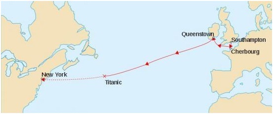 Itinéraire prévu pour le Titanic | Par Image originale:en:User:Gary Joseph, en:User:MechBrowman ; image vectorielle:Rogilbert — Image:TitanicRoute.png, Domaine public, https://commons.wikimedia.org/w/index.php?curid=1716842