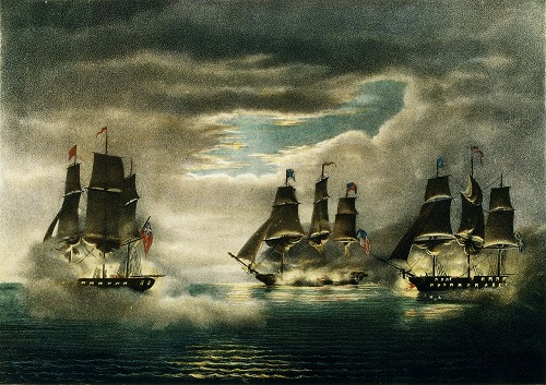 Capture des HMS Cyane et Levant | Par Lithograph by James Queen after a painting by Thomas Birch, published circa the mid-19th Century by P.S. Duval, Philadelphia, Pennsylvania. — US Naval History and Heritage Command: Photo #: NH 86692-KN (color), Domaine public, https://commons.wikimedia.org/w/index.php?curid=16267664