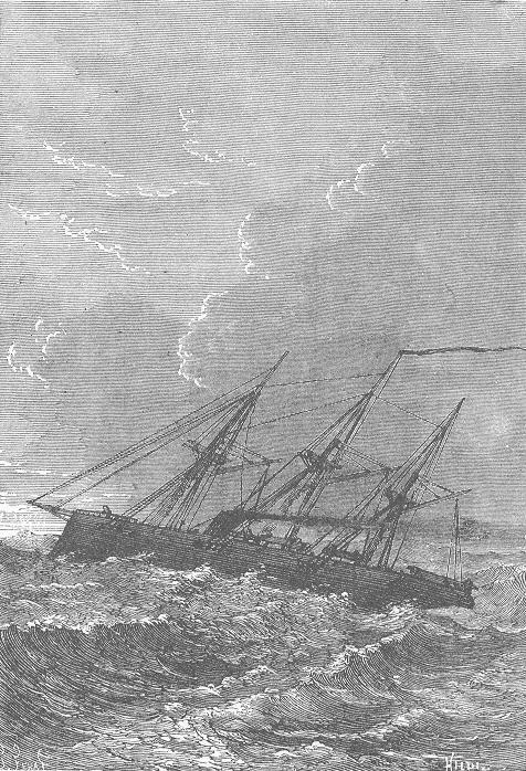 Le Delphin traversant l'Atlantique. Dessin de Jules Férat | Par Jules Verne — Original source: http://jv.gilead.org.il/rpaulTransféré de cs.wikipedia à Commons par Sevela.p utilisant CommonsHelper., Domaine public, https://commons.wikimedia.org/w/index.php?curid=6212462