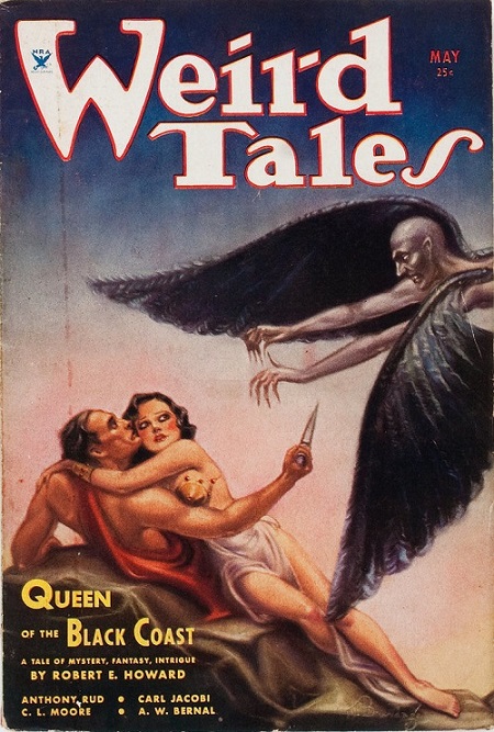 In Weird Tales, Brundage illustrates Robert E. Howard's Queen of the Black Coast, a story about Conan the Barbarian | By Margaret Brundage - Scanned cover of pulp magazine, Public Domain, https://commons.wikimedia.org/w/index.php?curid=7106465