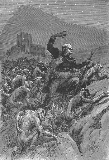 Mac Kackmale guidant les monos vers la montagne | Illustration © George Roux, domaine public