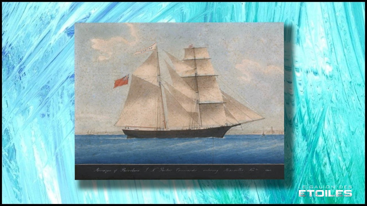 Peinture de 1861 de la Mary Celeste qui s'appelait alors Amazon par un artiste inconnu | Domaine public | Source : https://commons.wikimedia.org/w/index.php?curid=562219 | Montage @ Le Galion des Etoiles