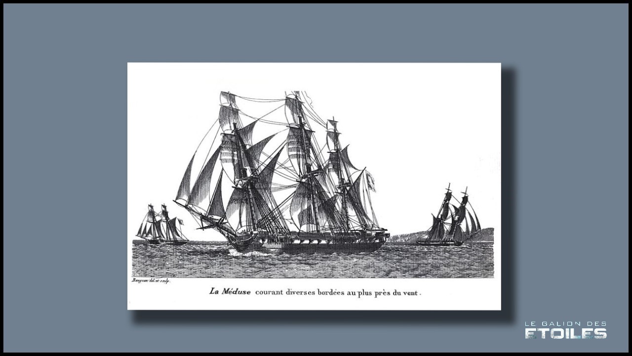 La Méduse courant diverses bordées au plus près du vent | Par Jean-Jérôme Baugean — Relation complète du naufrage de la frégate La Méduse faisant partie de l'expédition du Sénégal en 1816, by A. Correard, H. Savigny, D'Anglas de Praviel and Paul C.L. Alexandre Rand des Adrets (dit Sander Rang). Reprint 1968 by Jean de Bonnot éditeur., Domaine public, https://commons.wikimedia.org/w/index.php?curid=19330163 La Méduse courant diverses bordées au plus près du vent | Par Jean-Jérôme Baugean — Relation complète du naufrage de la frégate La Méduse faisant partie de l'expédition du Sénégal en 1816, by A. Correard, H. Savigny, D'Anglas de Praviel and Paul C.L. Alexandre Rand des Adrets (dit Sander Rang). Reprint 1968 by Jean de Bonnot éditeur., Domaine public, https://commons.wikimedia.org/w/index.php?curid=19330163