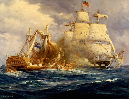 Combat contre la HMS Guerriere | Par Anton Otto Fischer — DEPARTMENT OF THE NAVY -- NAVAL HISTORICAL CENTERPhoto image obtained, enlarged and rendered by Gwillhickers., Domaine public, https://commons.wikimedia.org/w/index.php?curid=12031242