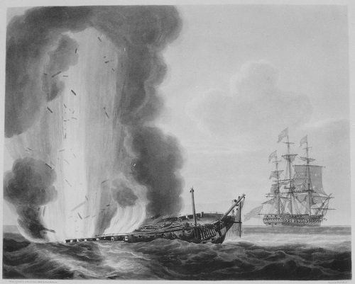 Le HMS Java en feu après sa défaite face à l'USS Constitution