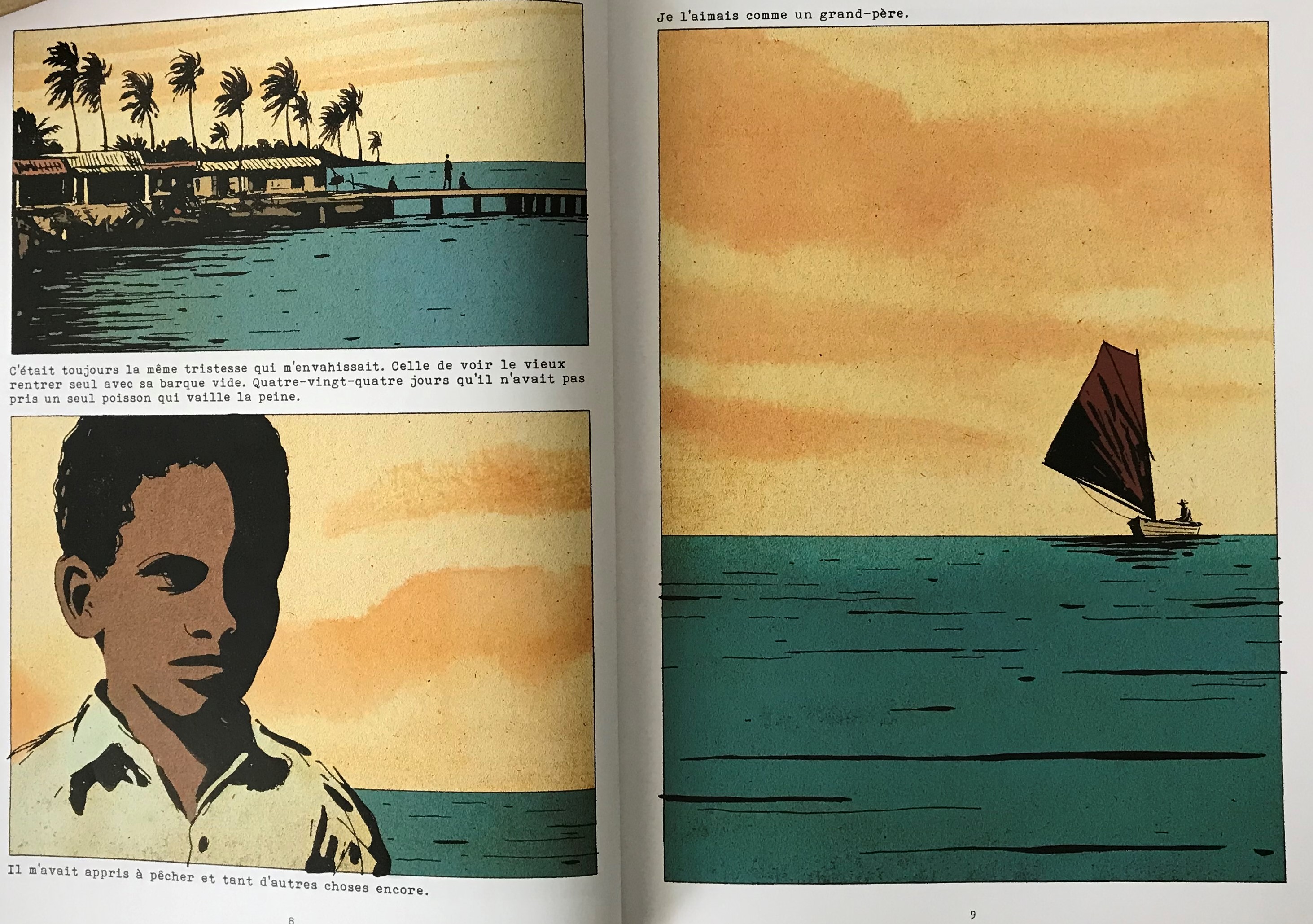 Le vieil Homme et la Mer @ 2014 Futuropolis | Texte et dessins @ Thierry Murat | Extrait p.8 et p.9, photo @ Koyolite Tseila, édition privée