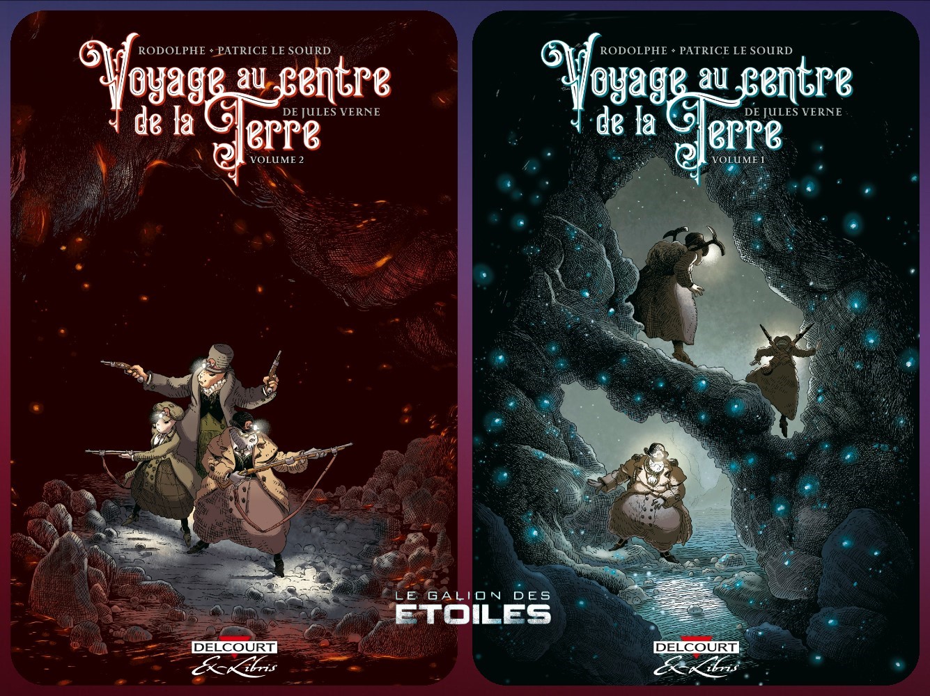 Voyage au centre de la Terre, volumes 1&2 @ 2023-2024 Delcourt | Illustrations de couverture @ Patrice Le Sourd | Montage illustrations @ Le Galion des Etoiles