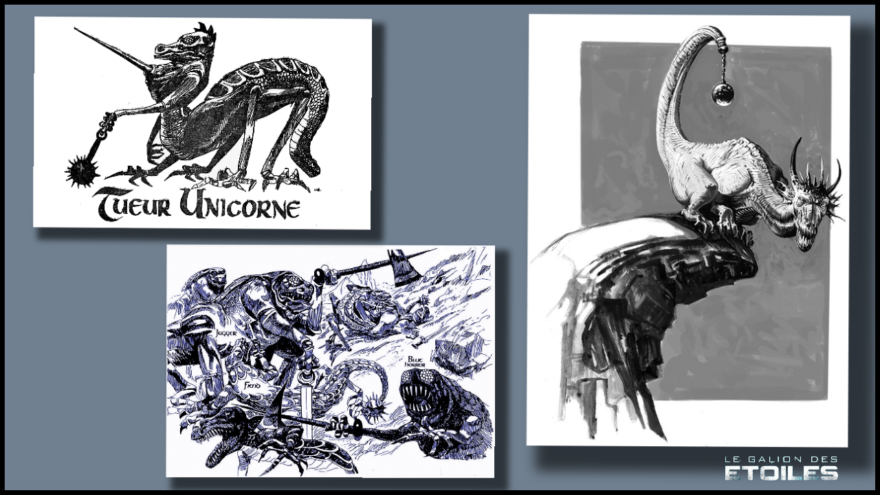 Tueur unicorne @ 1965 Jack Gaughan (revue Galaxie no 14) | Dessin en noir et bleu en bas à gauche @ 1962 Jack Gaughan (Galaxy US) | Dessin dragon à droite @ 2021 Nicolas Fructus (Les Maîtres des Dragons, Le Bélial')