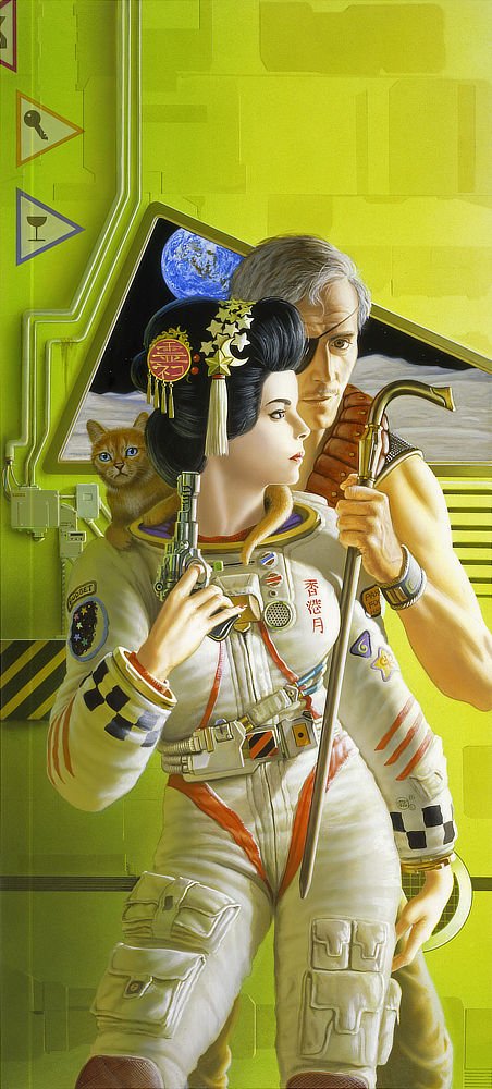 Illustration : « The Cat Who Walks through Walls » © 1985 Michael Whelan, couverture du roman de Robert Heinlein « Le Chat Passe-Muraille » chez J’ai Lu.