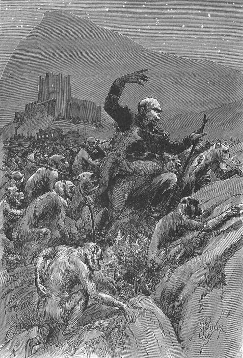Mac Kackmale guidant les monos vers la montagne | Illustration © George Roux, domaine public